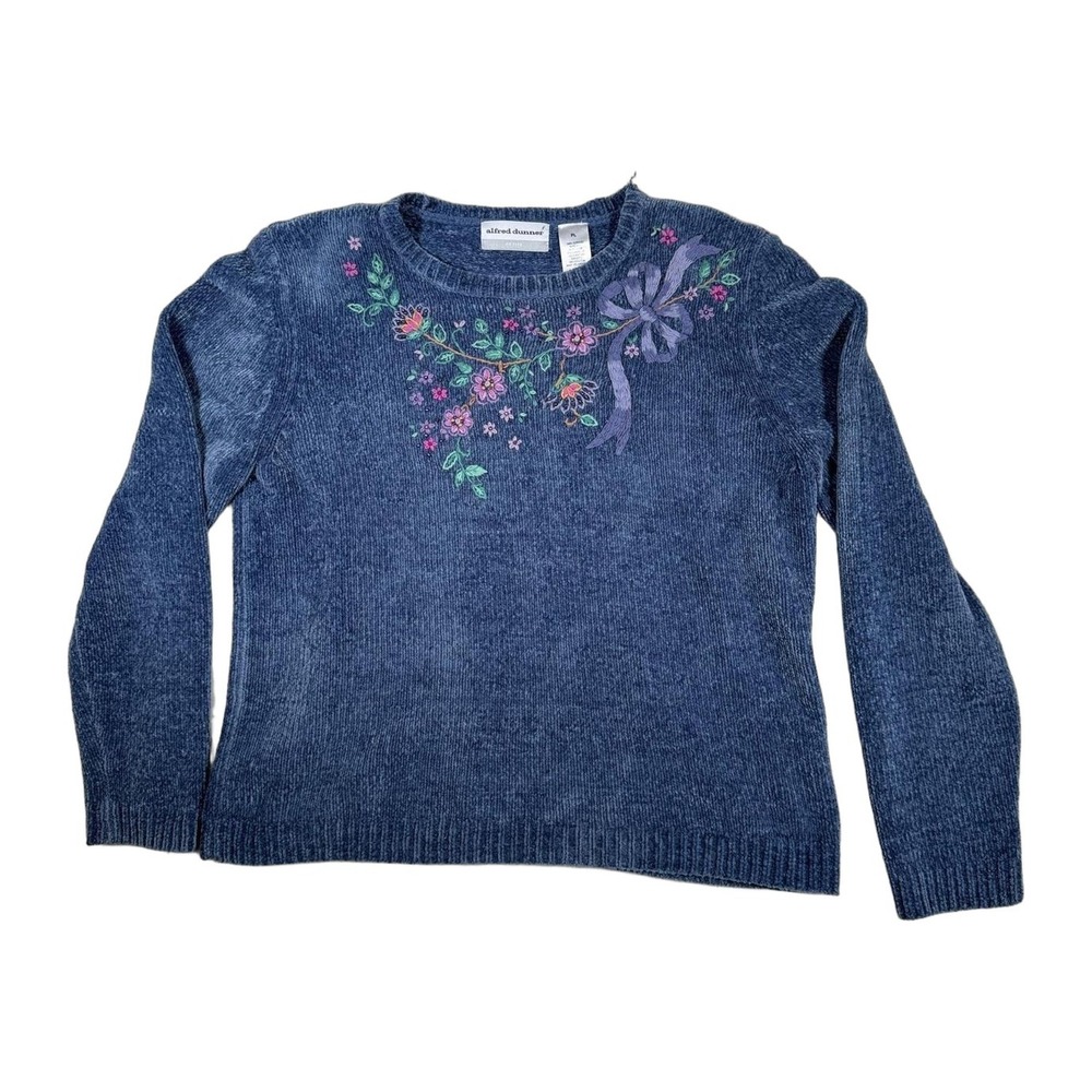 Alfred Dunner Petite Blue Chenille Floral Bow Embroidered Pullover Sweater‎ PL
